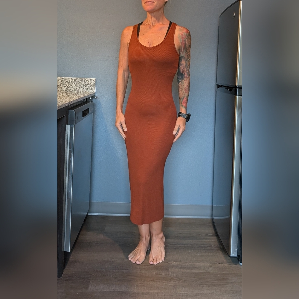 ENZA COSTA brick red ribbed scoop neck tank midi bodycon dress S